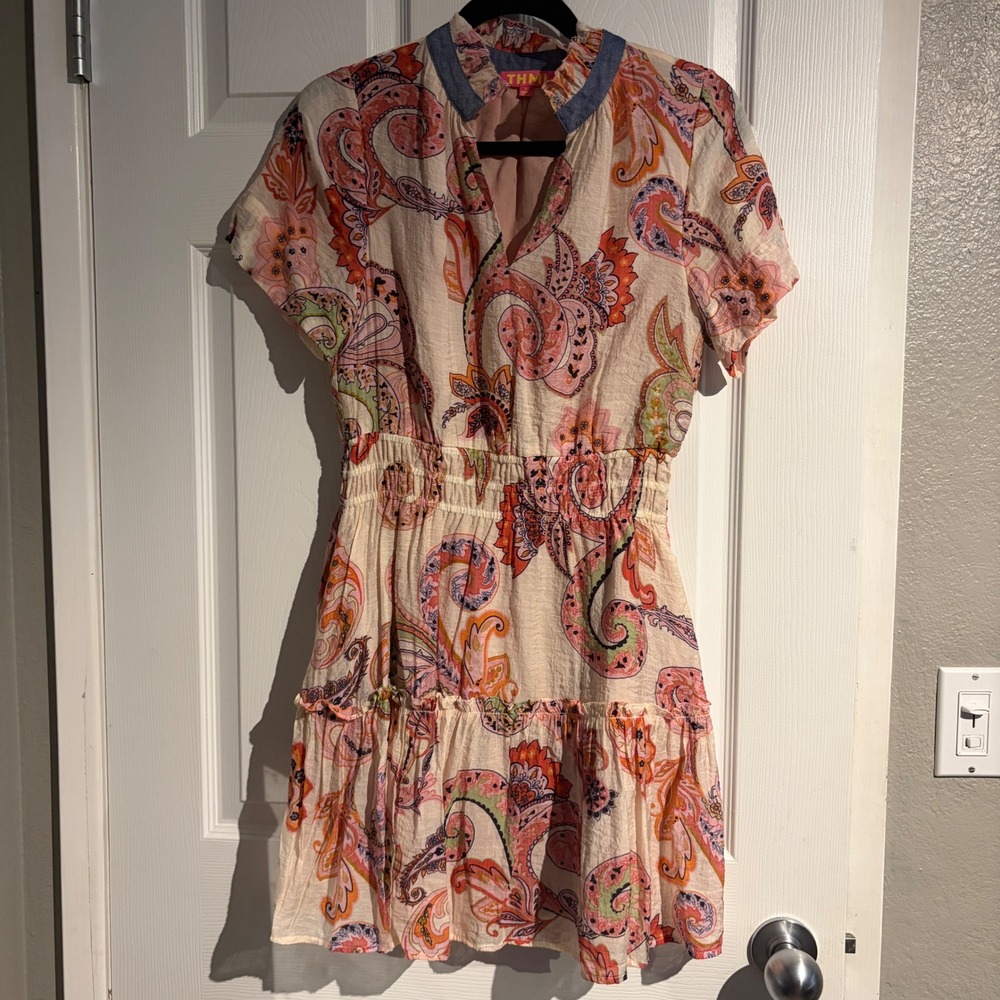 THML Women Paisley Smocked Waist Ruffle Mini Dress Pink Orange XS WCT3155-PK